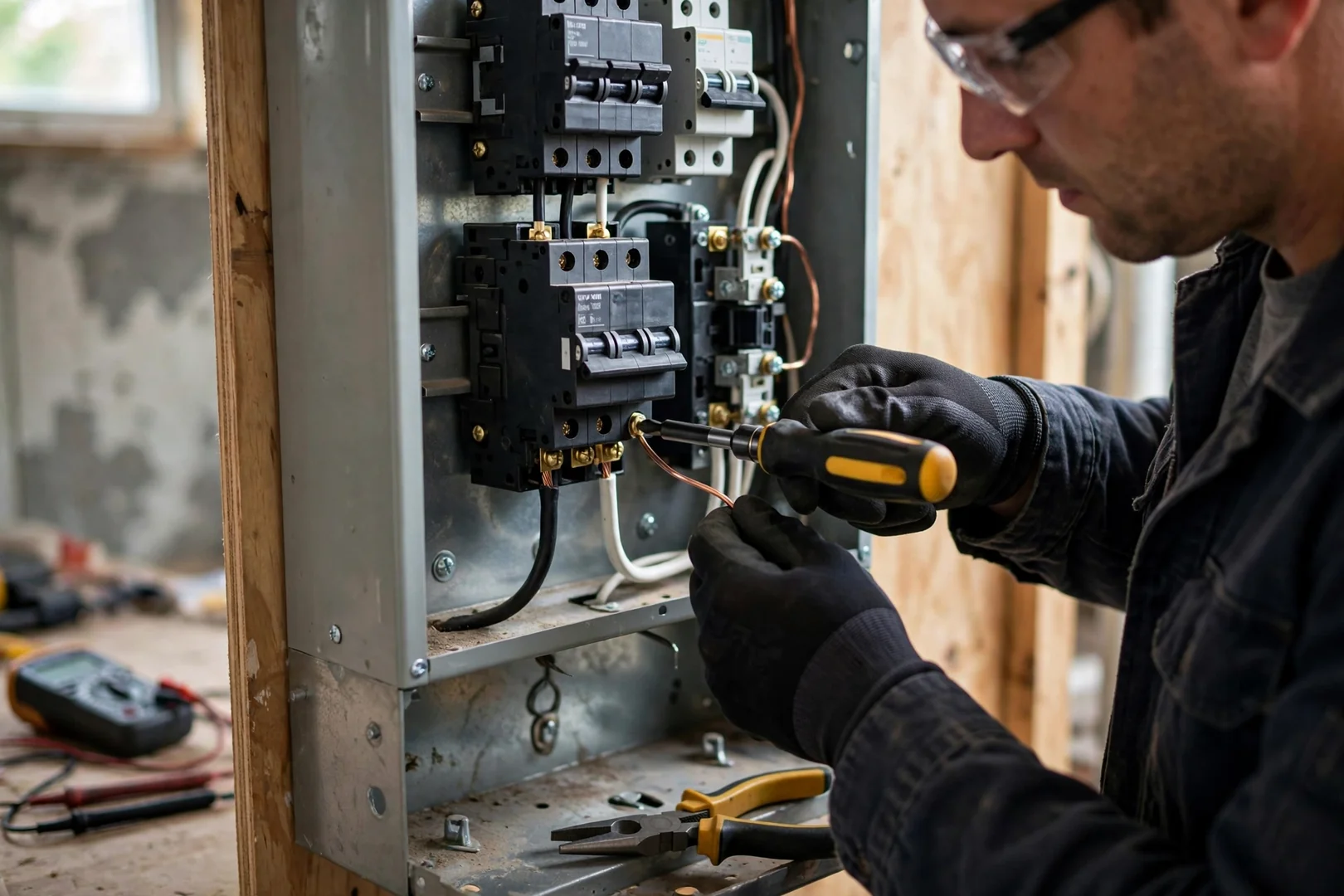 Close-up of replaced circuit breaker seated in load center with torqued lug connections