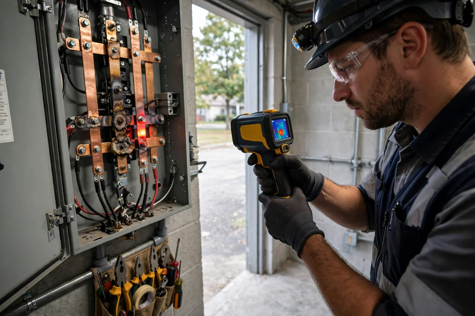 Thermal imaging camera scanning electrical panel busbar for overheated terminations