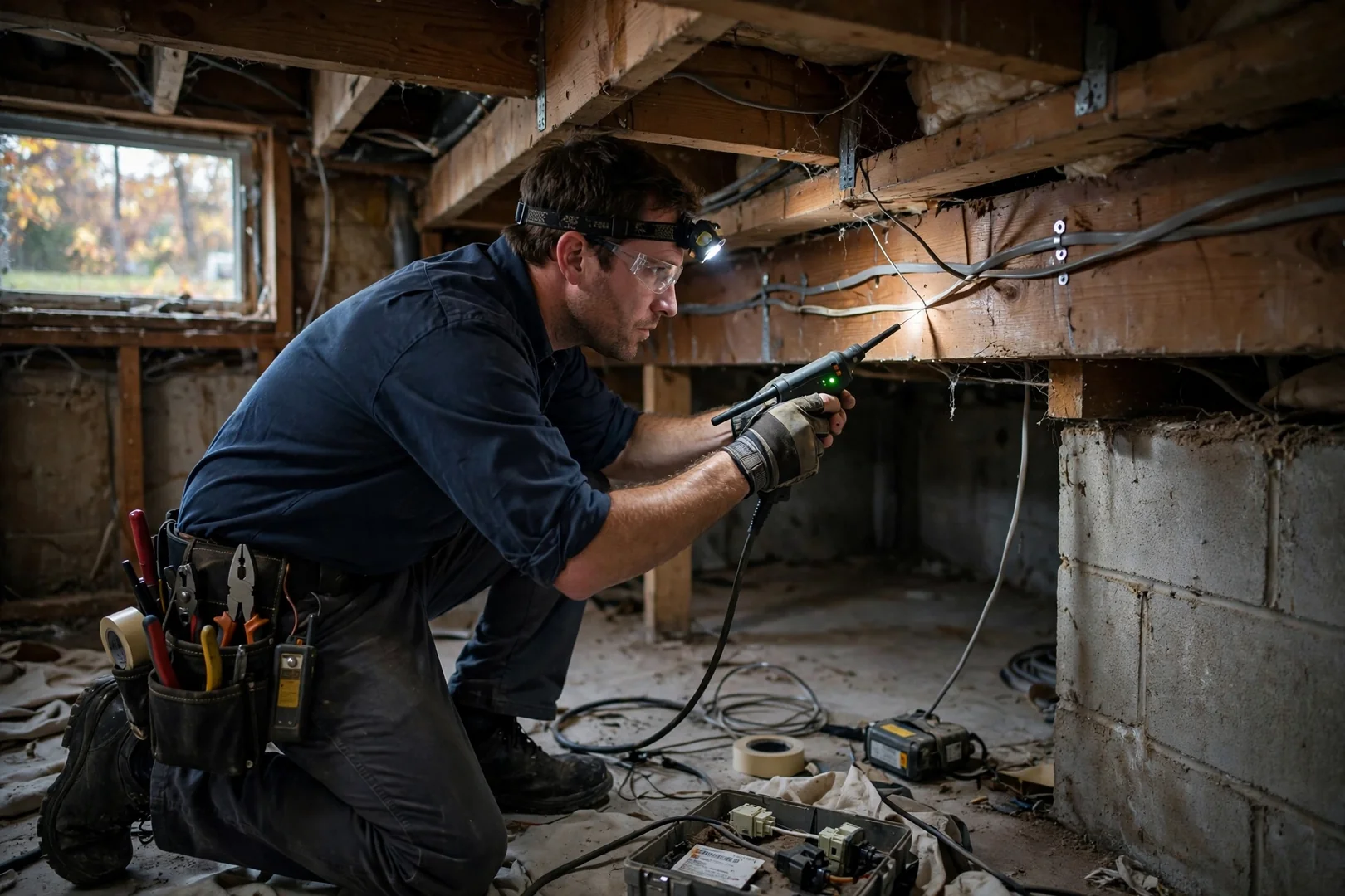 Technician tracing a hidden wiring fault behind basement joists with a circuit tracer