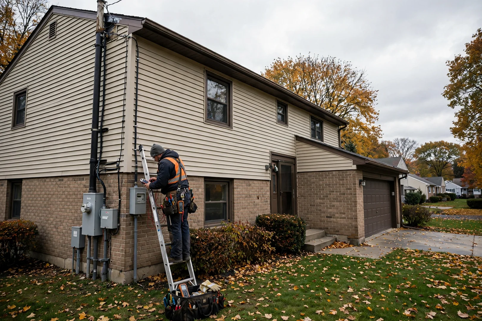 Wide shot of split-level home exterior with service mast and meter enclosure