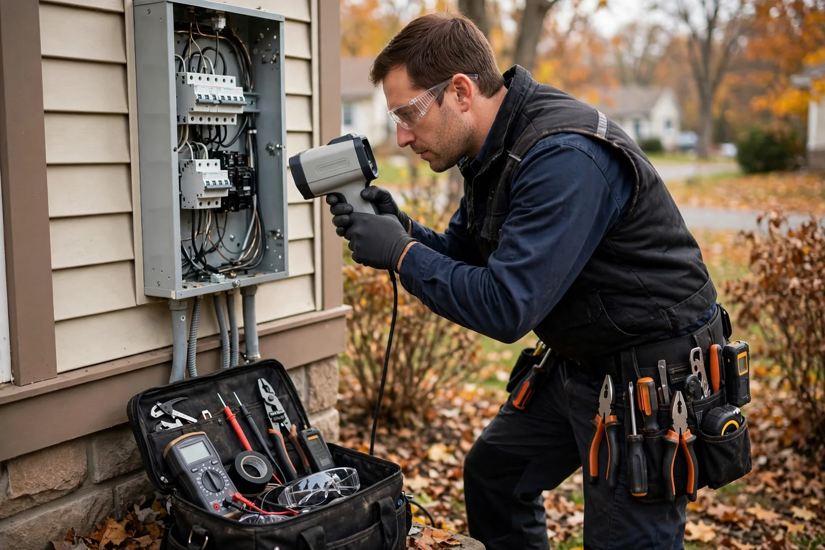 Trained electrician torquing panel terminations while documenting repair readings on a job sheet