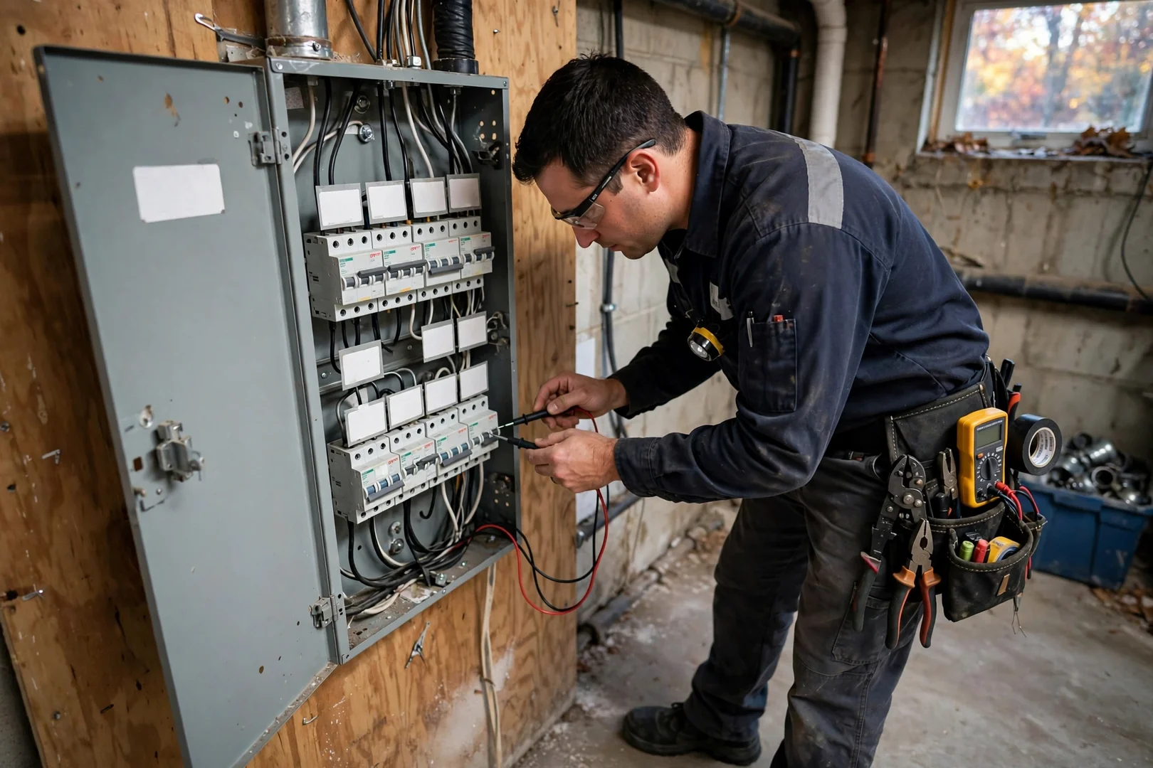 Open residential electrical panel with labeled breakers during a diagnostic inspection