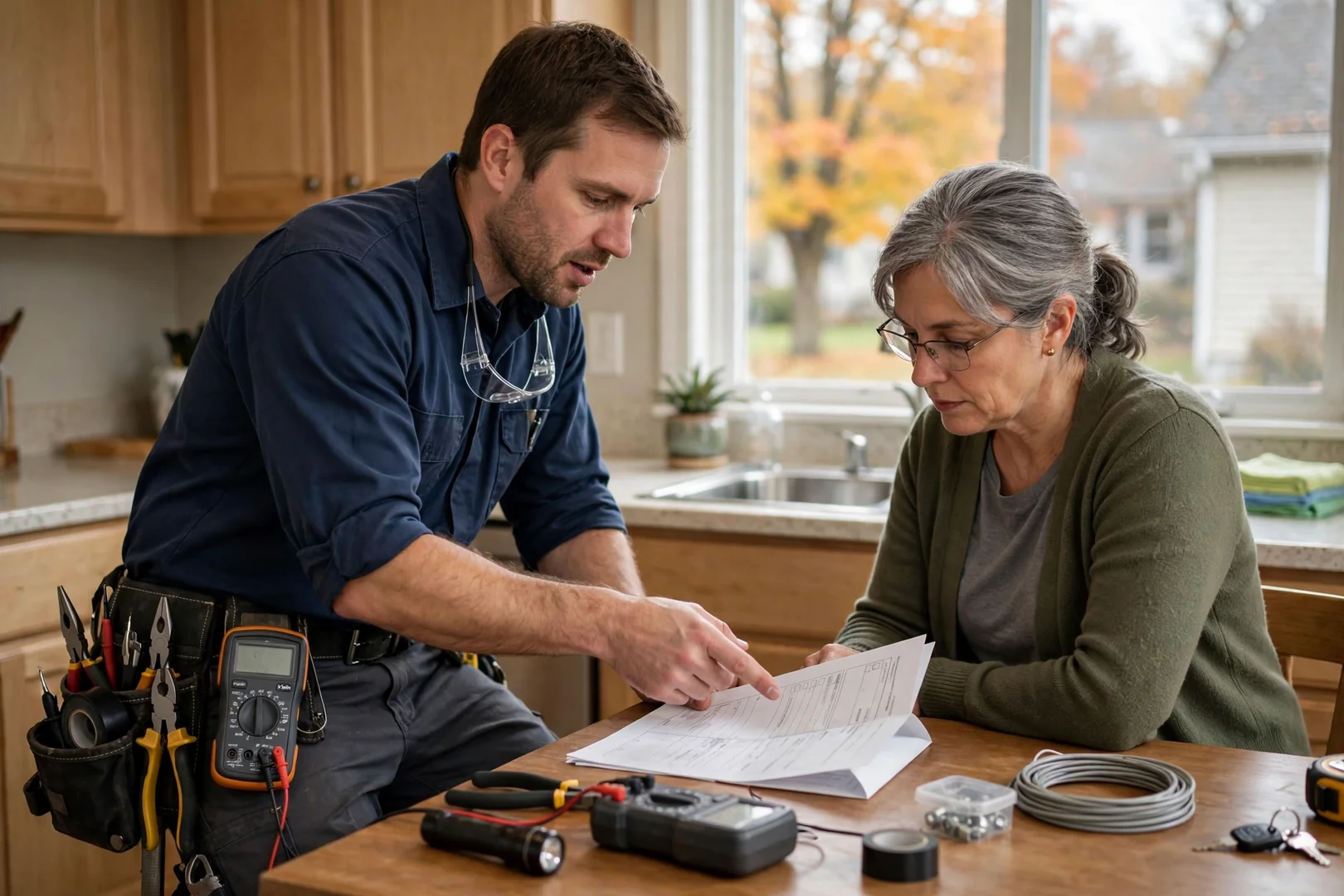 Technician reviewing a written troubleshooting estimate with a homeowner at the kitchen table