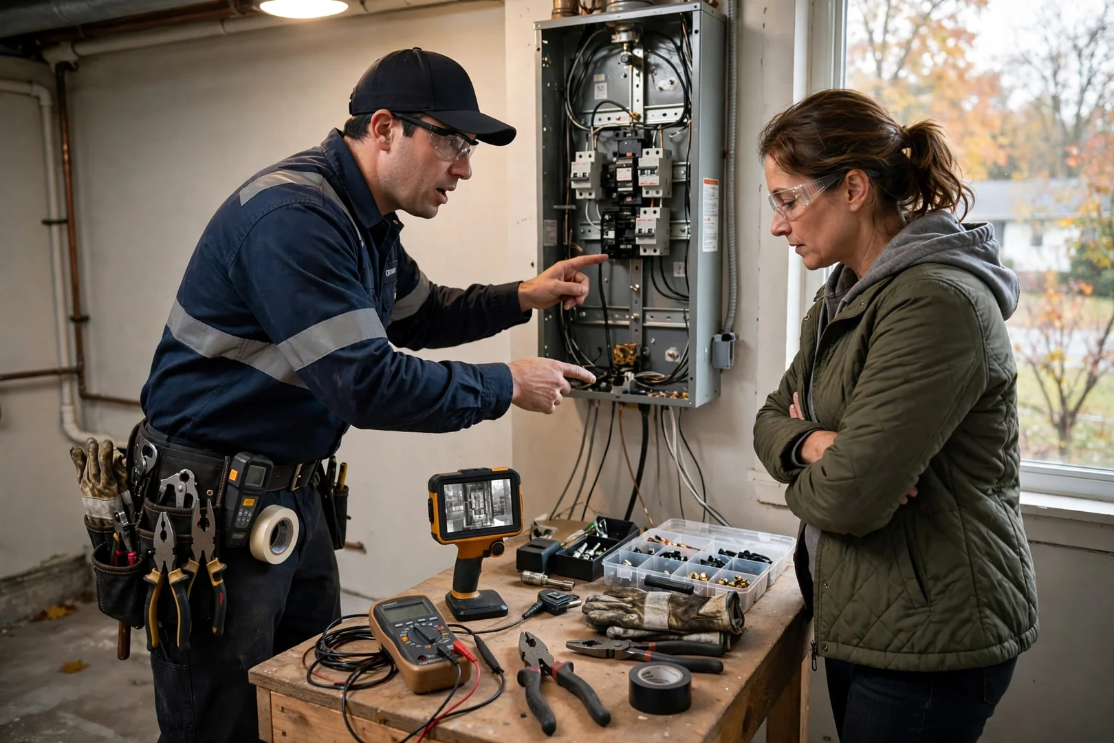 Electrician testing a branch circuit with a meter in a Centereach home