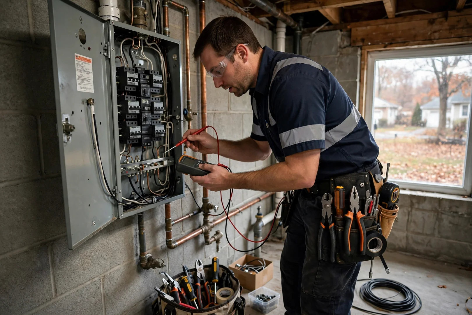 Electrician testing branch circuit wiring with a multimeter inside a Centereach home panel