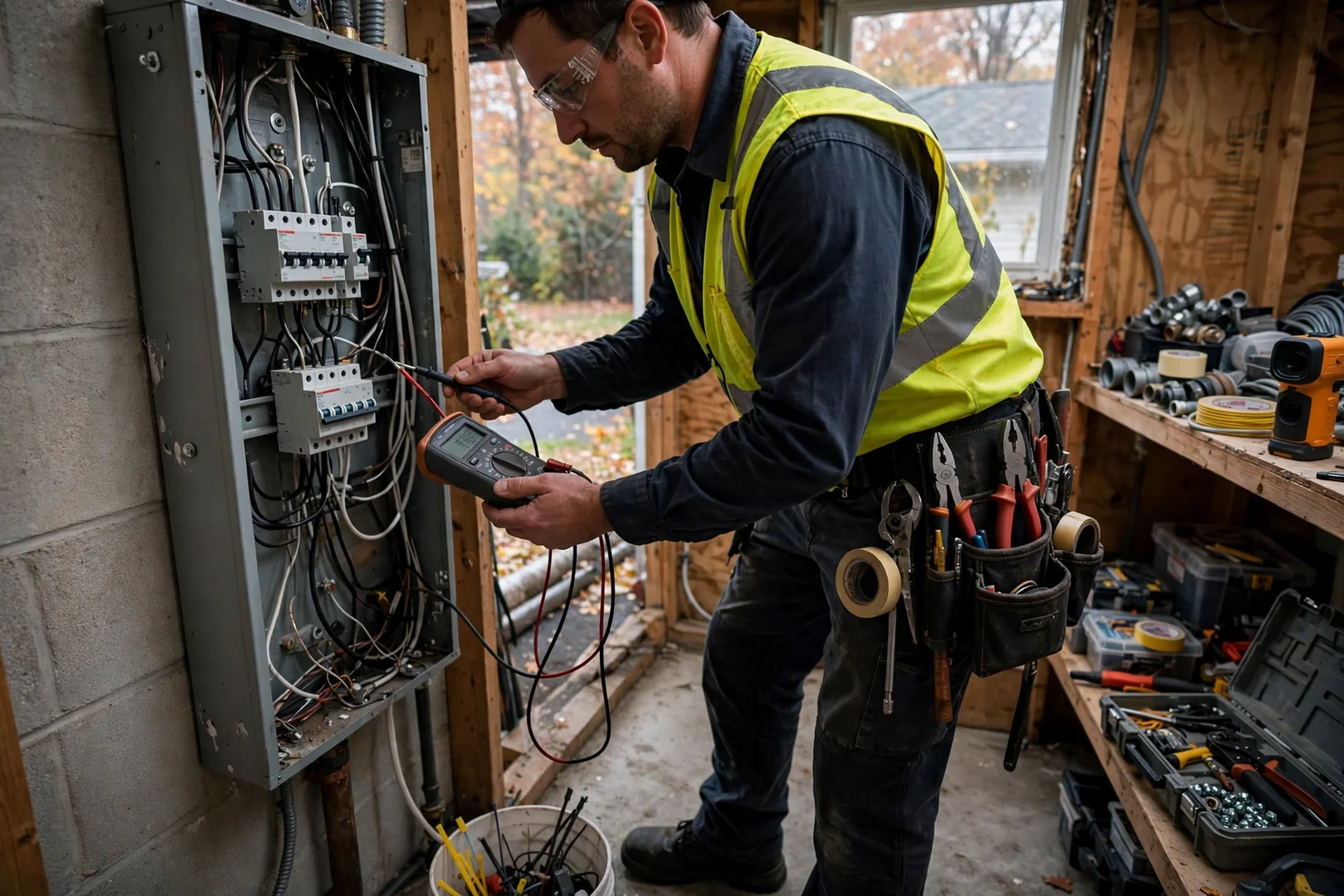Electrician testing a residential circuit with a multimeter inside a Centereach home panel