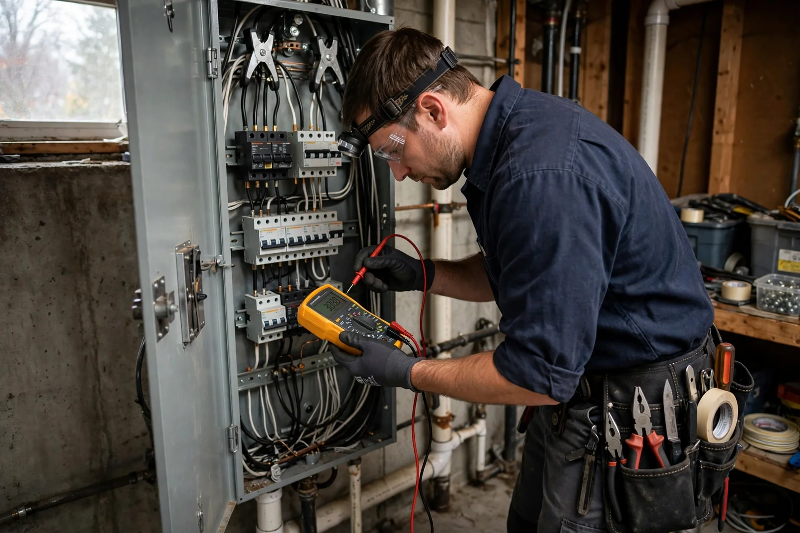 Technician taking voltage readings inside an open residential electrical panel with a multimeter