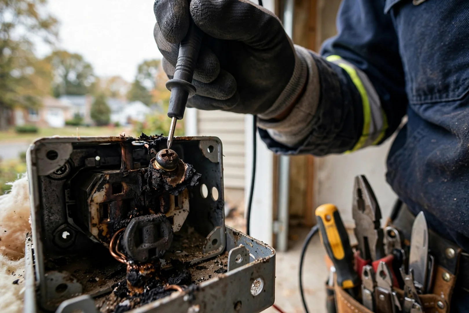 Close-up of scorched outlet terminal screws revealed during a branch circuit fault inspection