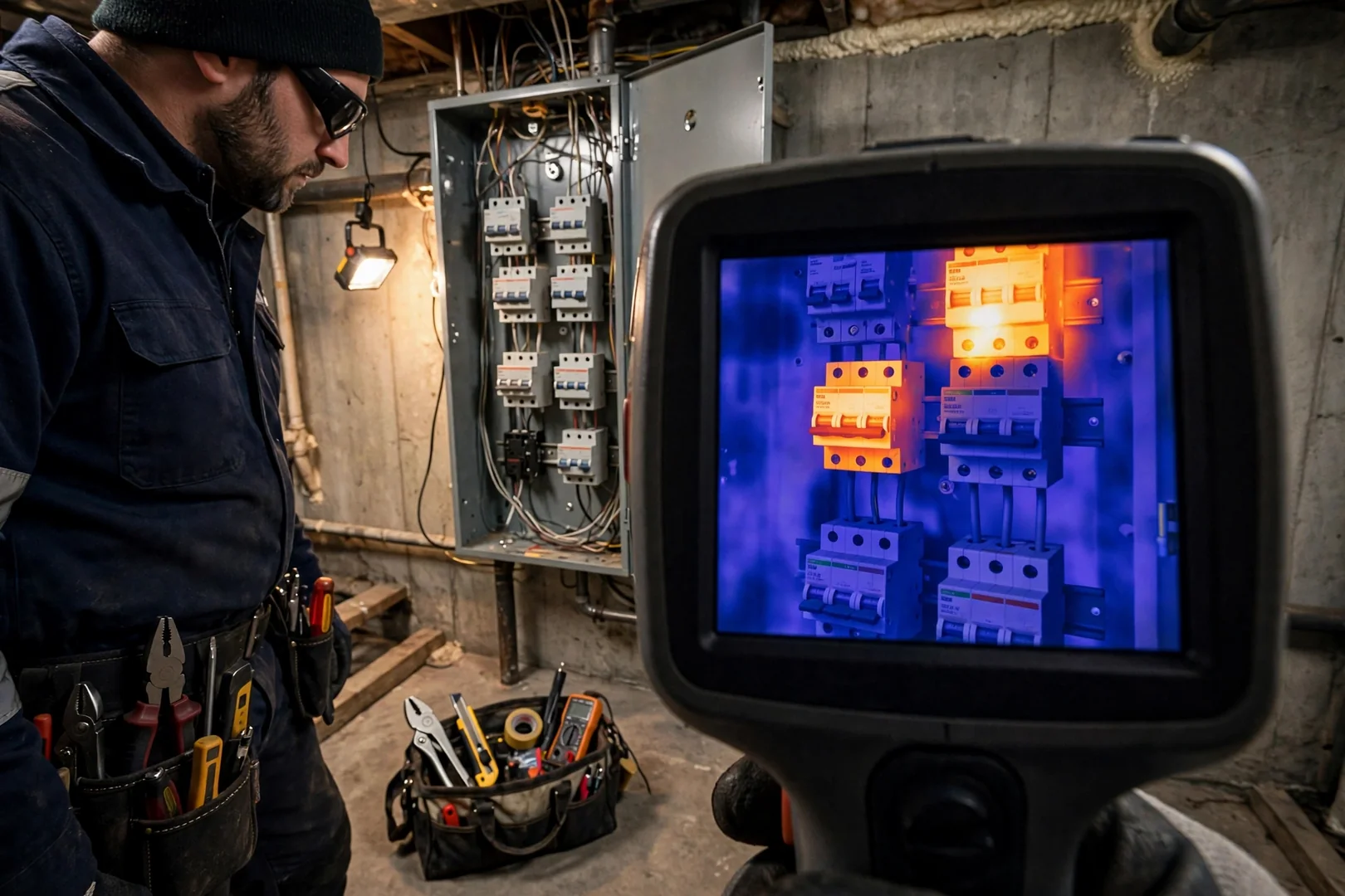 Thermal imaging camera screen showing a hot circuit breaker in a Centereach basement panel