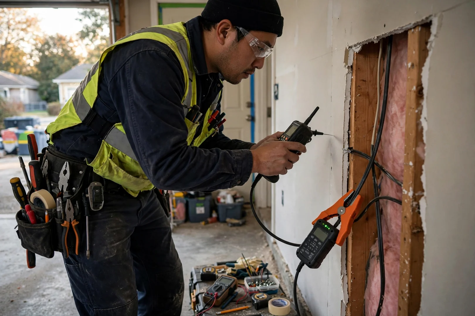 Circuit tracer transmitter clipped to a wire while a technician maps hidden home wiring