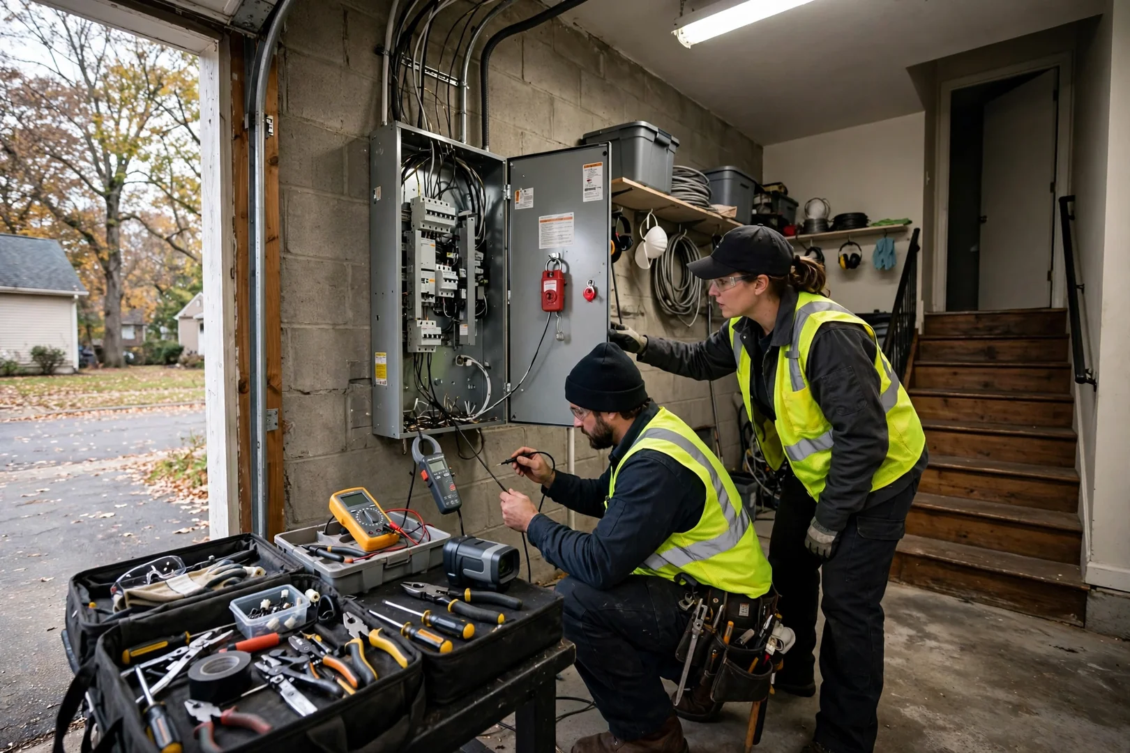 Wide shot of a split-level home garage with test equipment set up near the subpanel