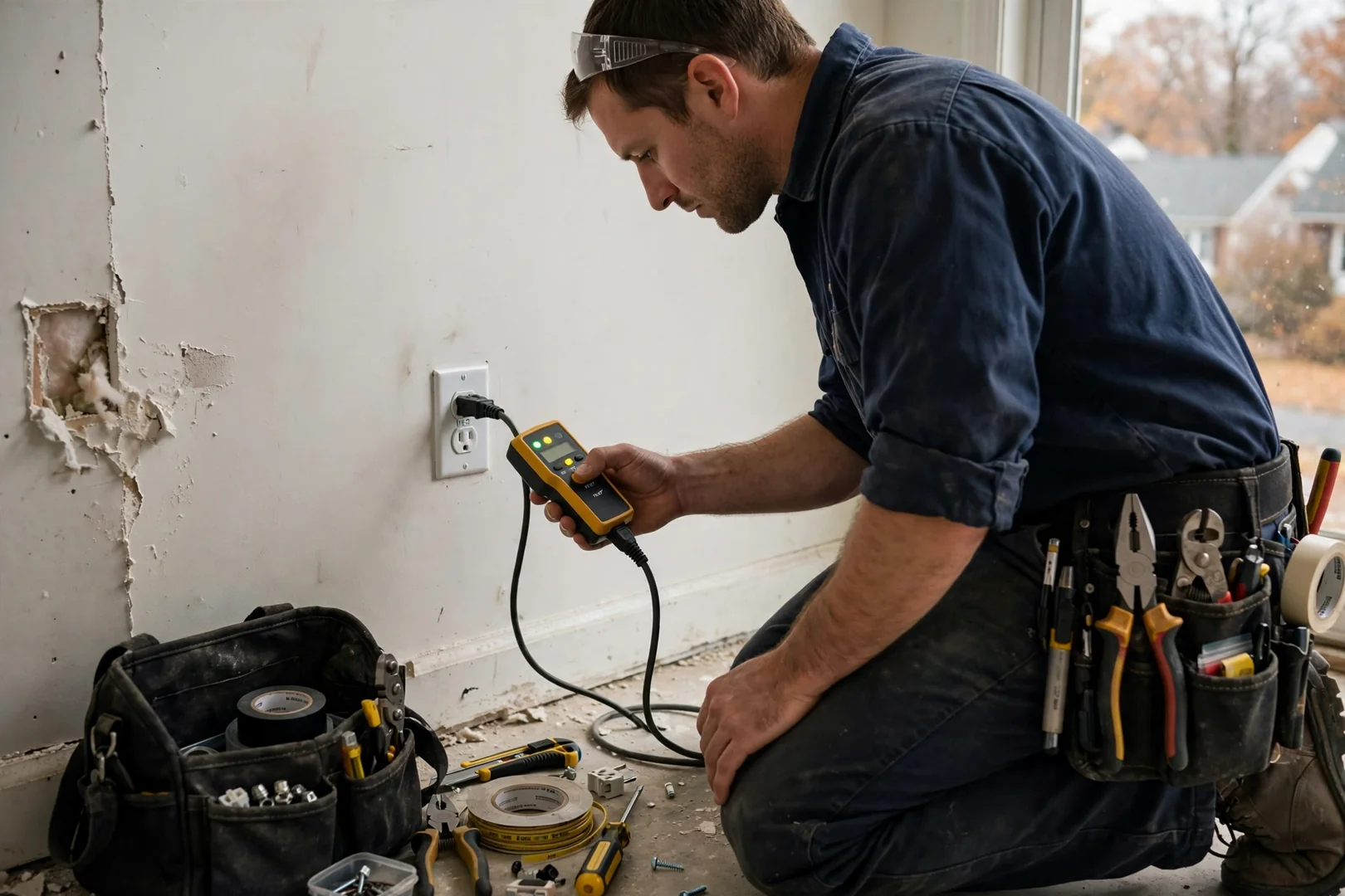 Repaired GFCI outlet tested with a plug-in circuit analyzer after fault isolation