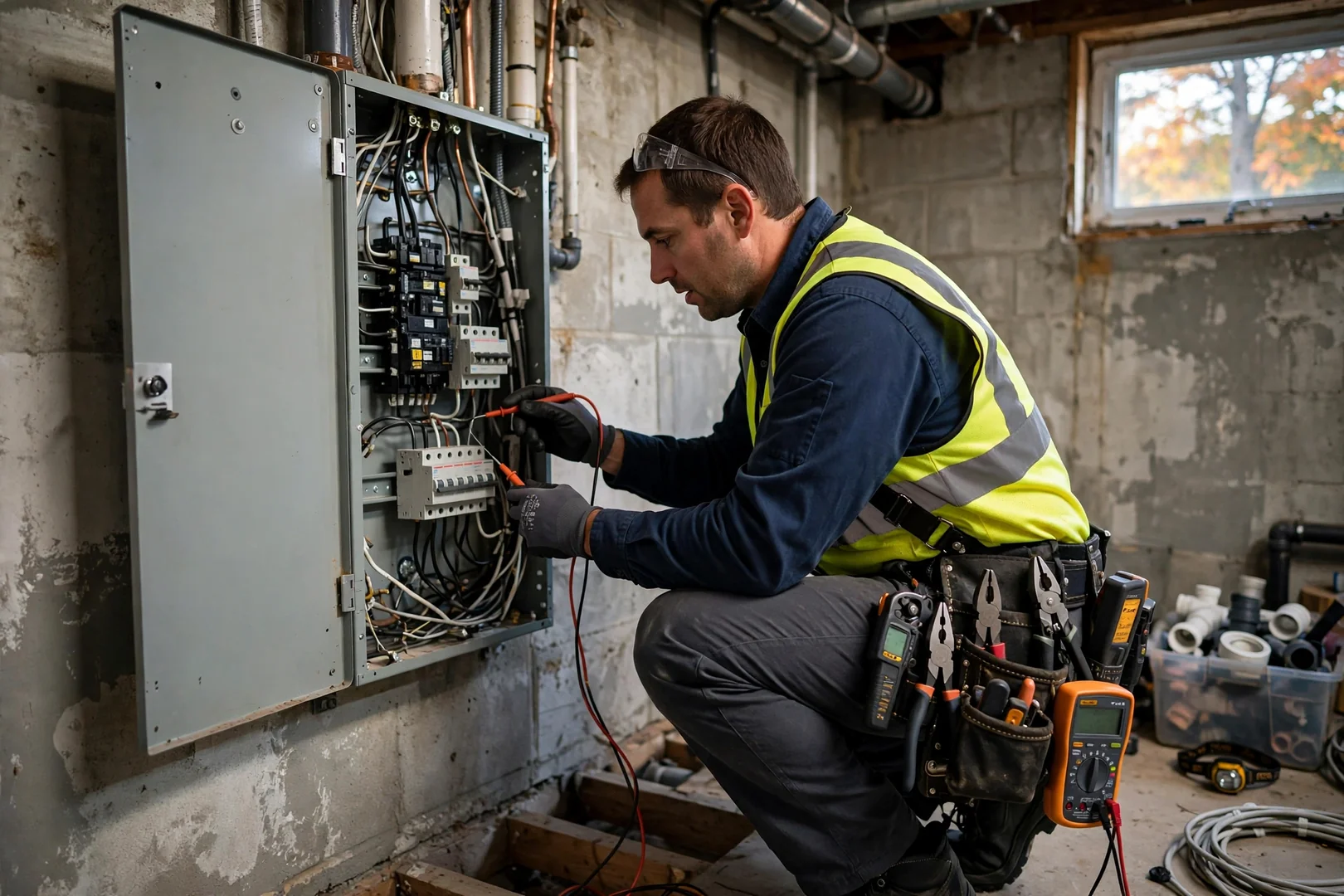 Trained technician tracing a branch circuit fault behind a wall outlet in Centereach