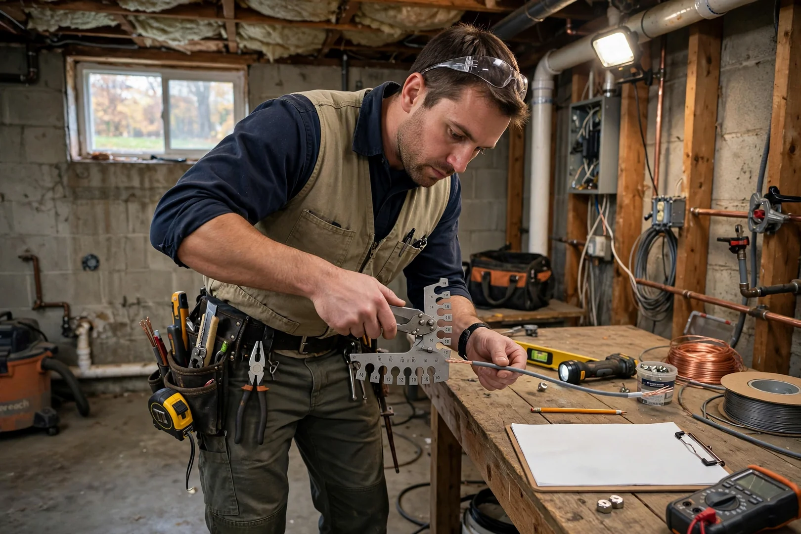 Technician measuring conductor gauge while preparing a wiring estimate in a Centereach basement