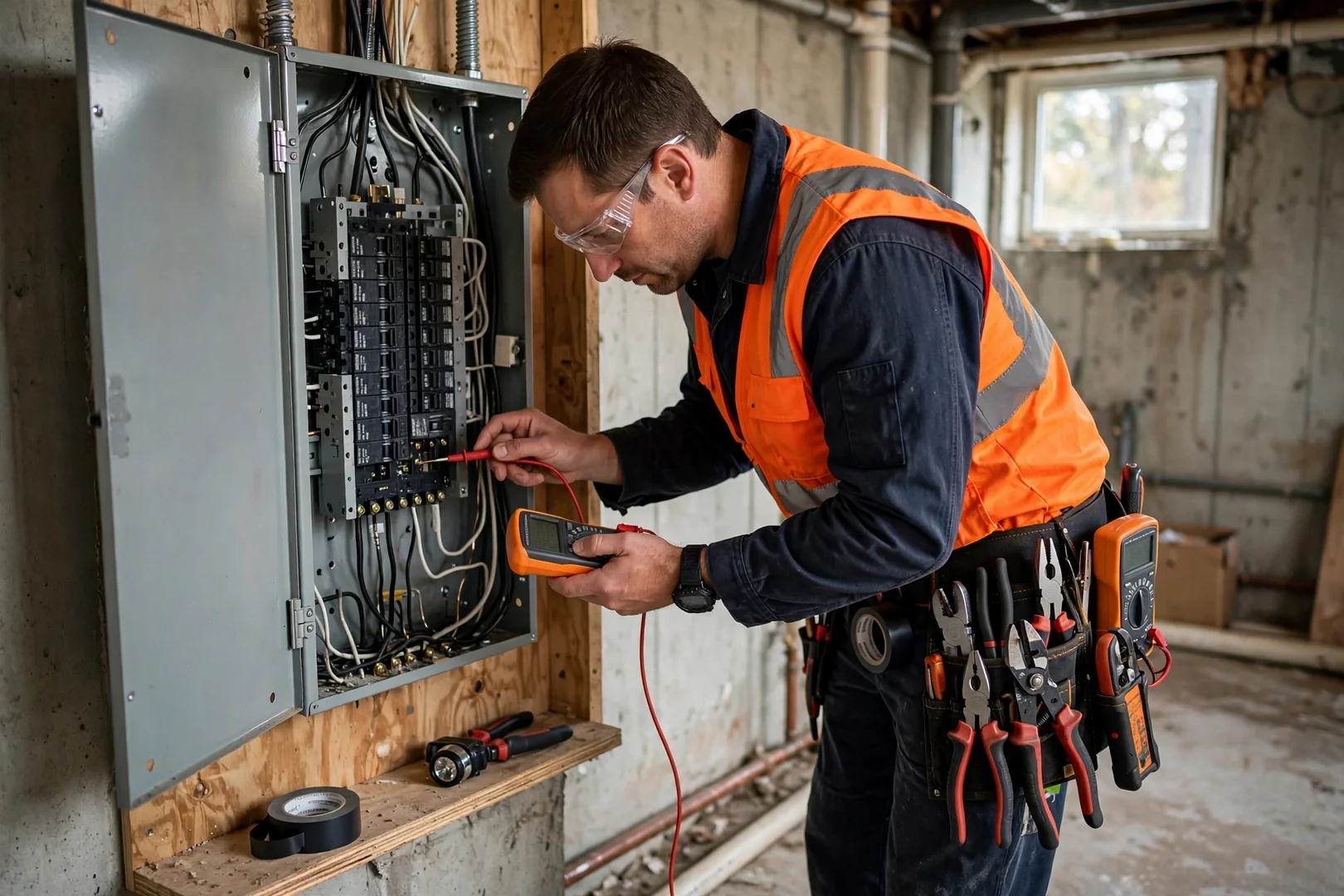 Open electrical panel with labeled breakers reviewed during a residential wiring cost assessment