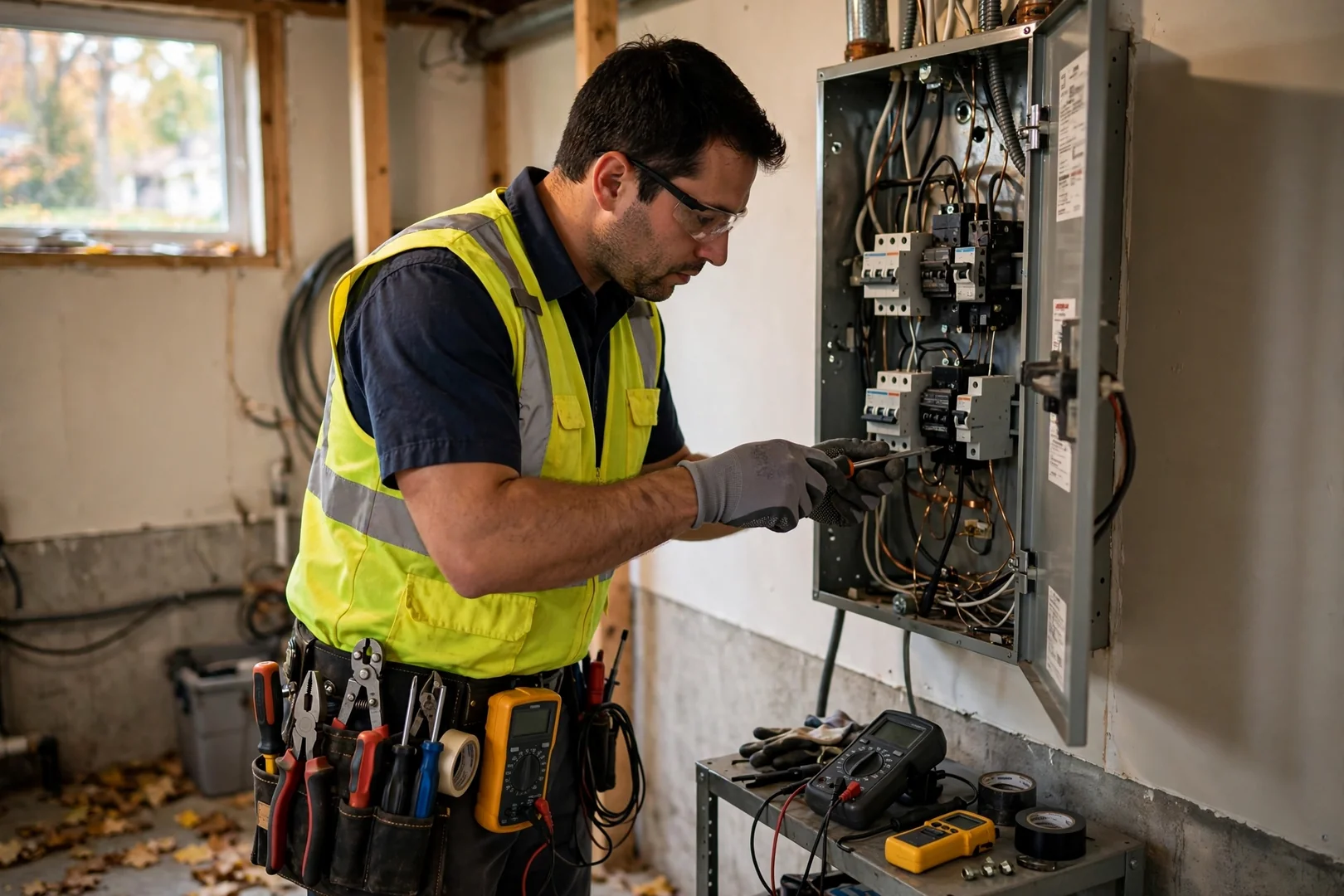 Electrician reviewing a written wiring estimate with a homeowner at a kitchen table