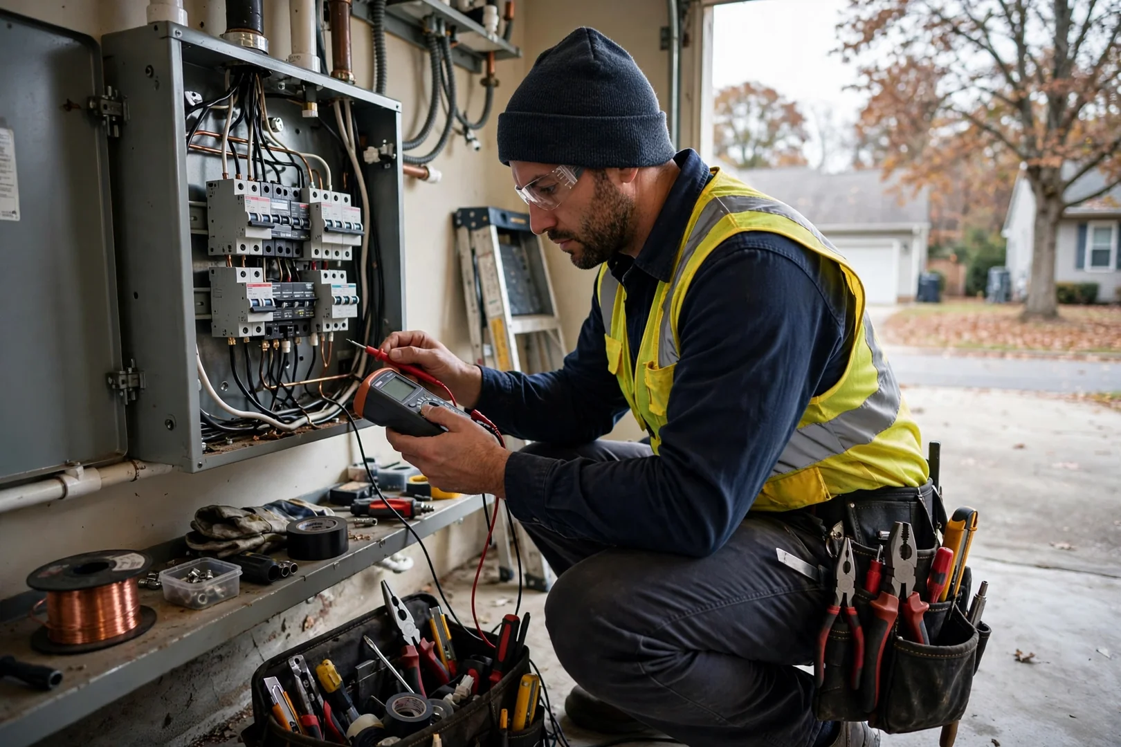 Electrician terminating new branch circuit conductors inside an open wall cavity during a rewiring job