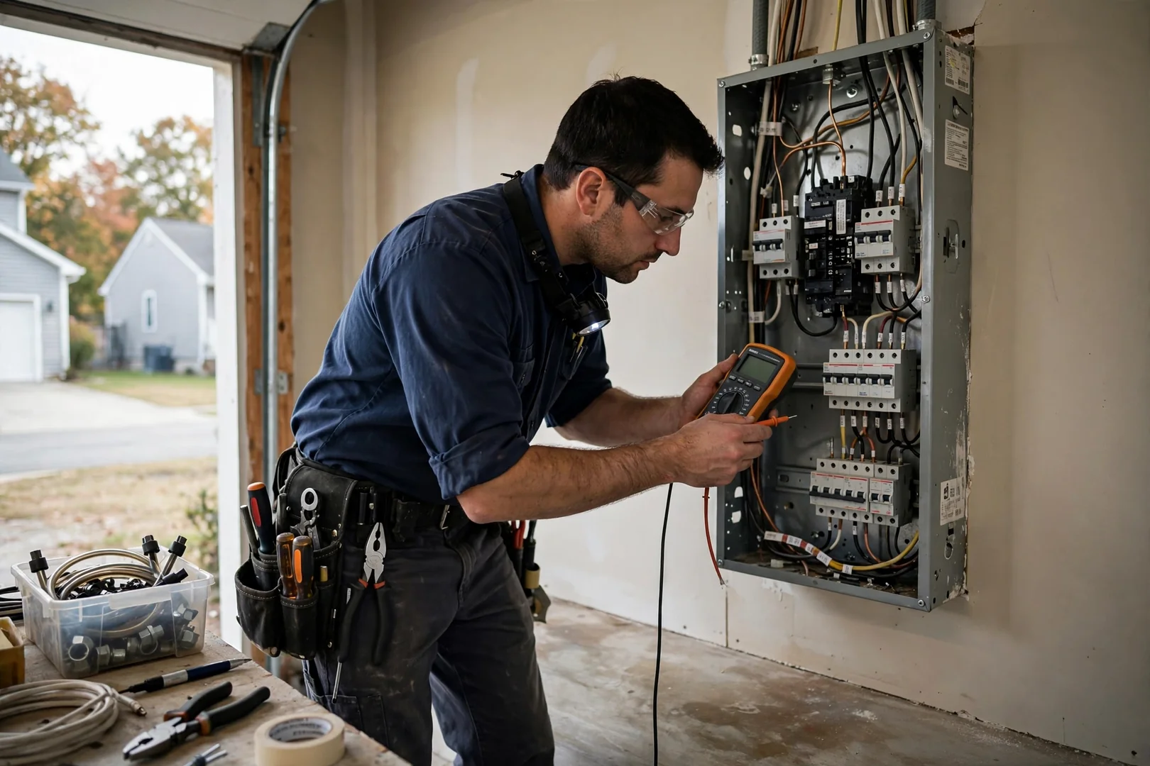Electrician routing new copper branch circuit cable through open wall studs during a rewire
