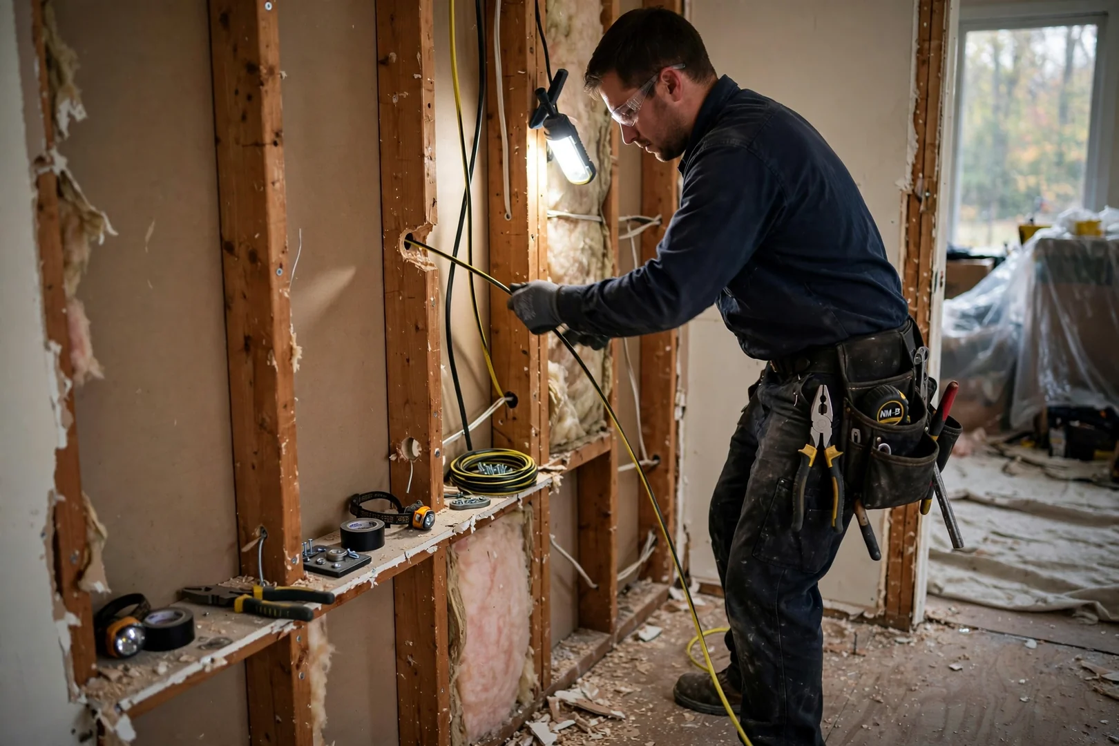 Technician pulling fresh wiring through open wall studs during a Centereach home rewire