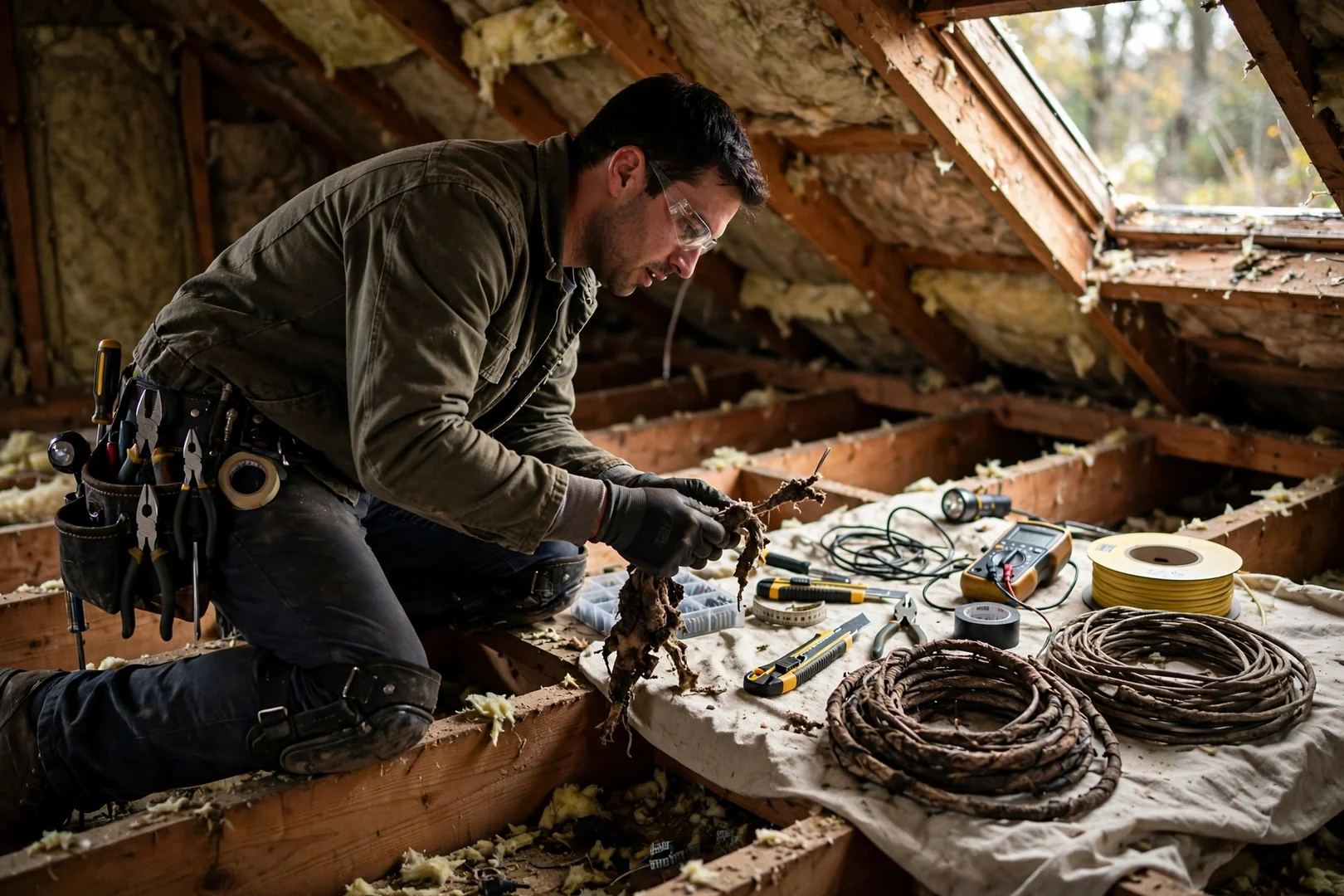 Old cloth-insulated wiring removed from an attic and staged for replacement