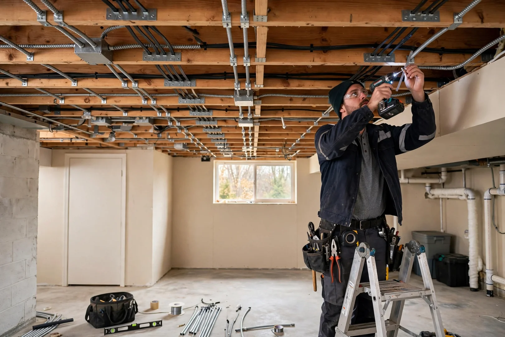 Wide shot of a finished basement ceiling with new conduit and secured cable runs