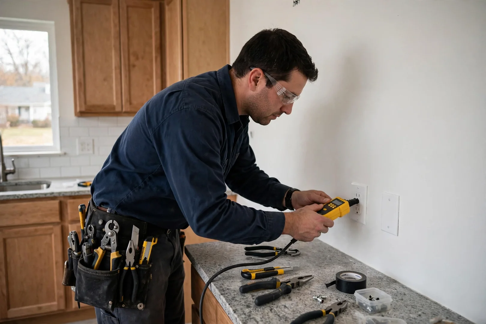 Receptacle analyzer testing a newly grounded outlet in a renovated kitchen wall