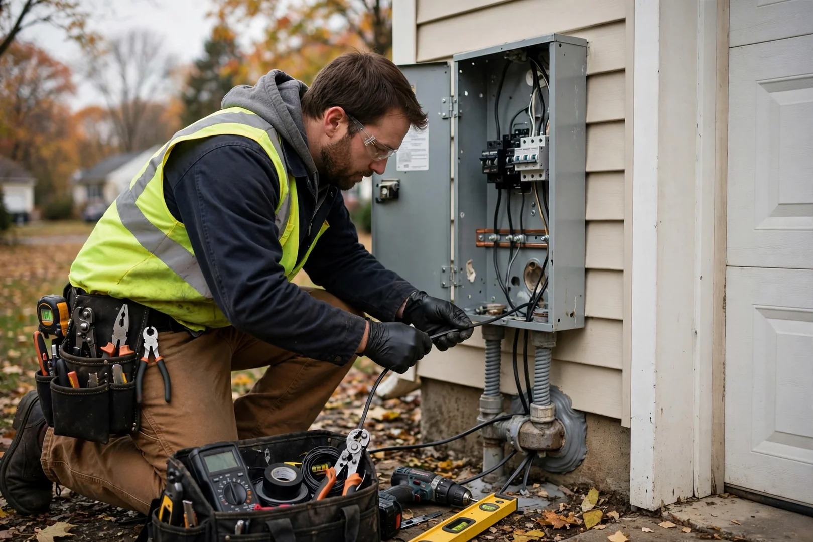 New wiring feeding a detached garage subpanel with weatherproof exterior penetration