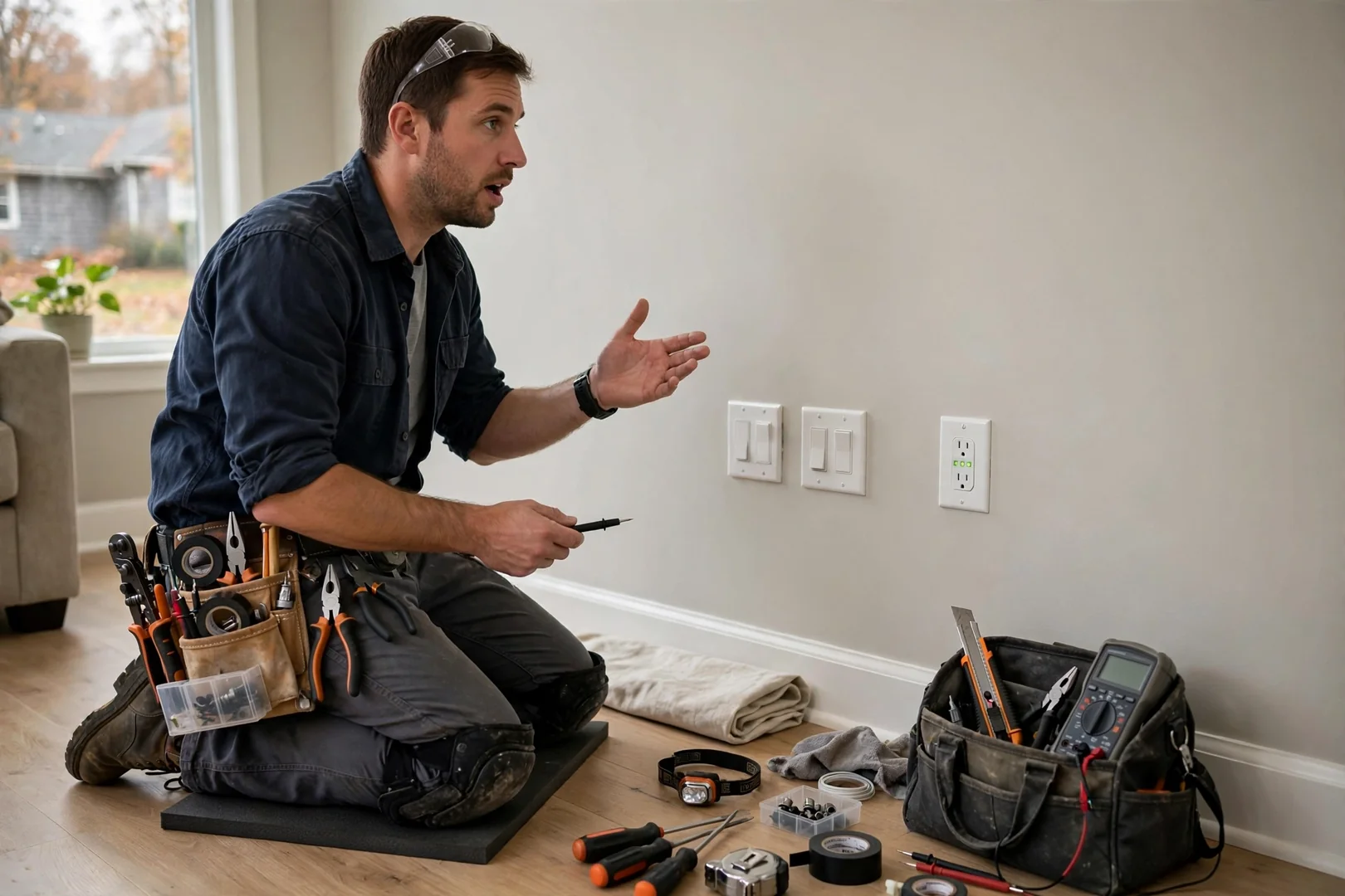 Finished living room outlets and switches installed flush after complete rewiring project