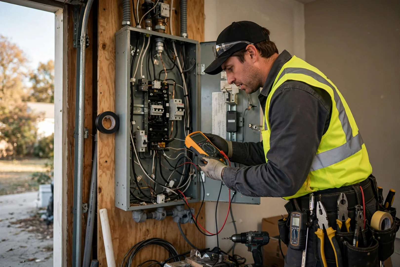 Trained electrician torque testing panel terminations after completing a residential rewiring project