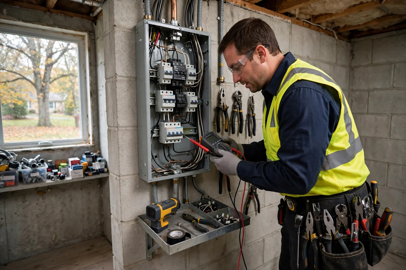 Electrician inspecting a residential service panel in a Centereach home basement