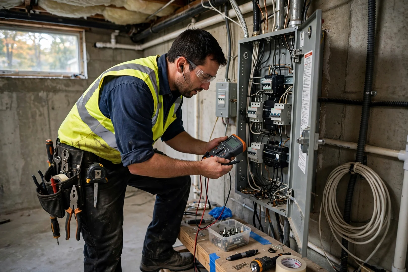 Electrician reviewing circuit test readings with a homeowner beside a labeled panel