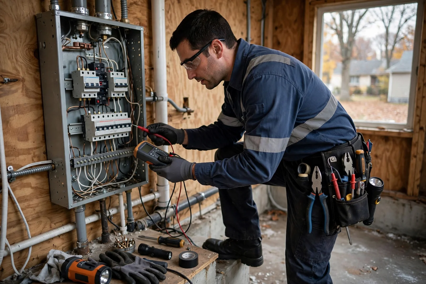 Electrician testing voltage inside a residential electrical panel during a Centereach service call
