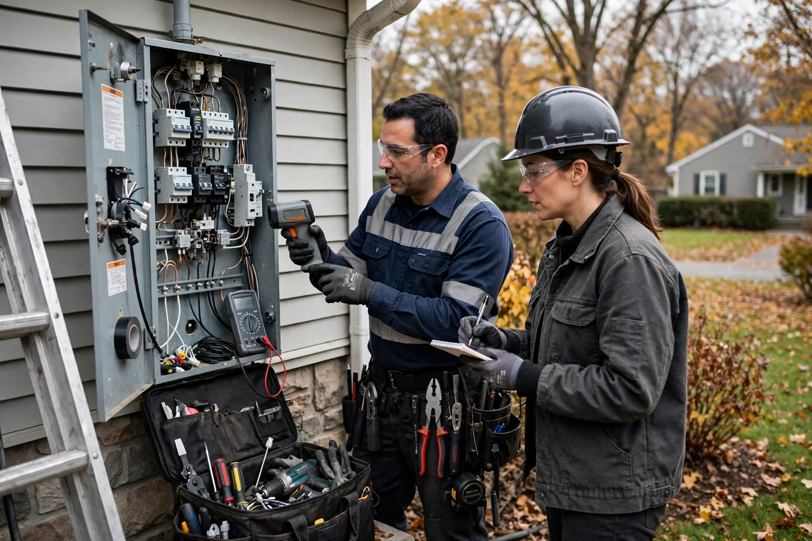 Electrician testing a residential service panel with a multimeter inside a Centereach home