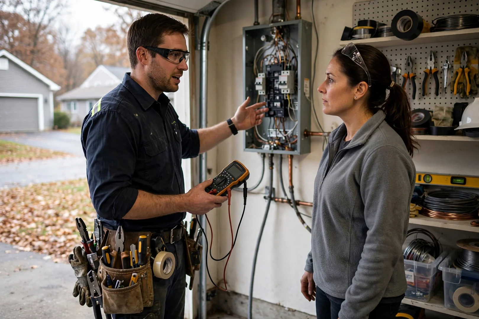 Electrician reviewing a written estimate with a homeowner beside an open electrical panel
