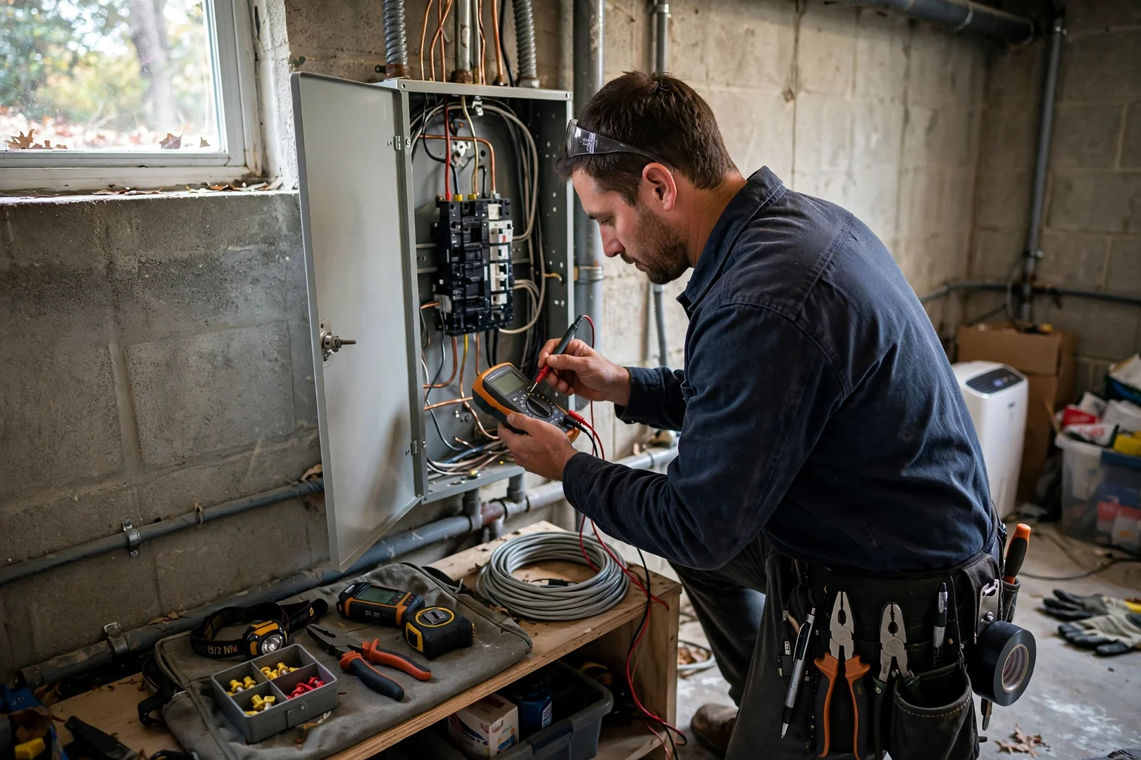 Electrician reviewing a written estimate with a homeowner beside an open service panel