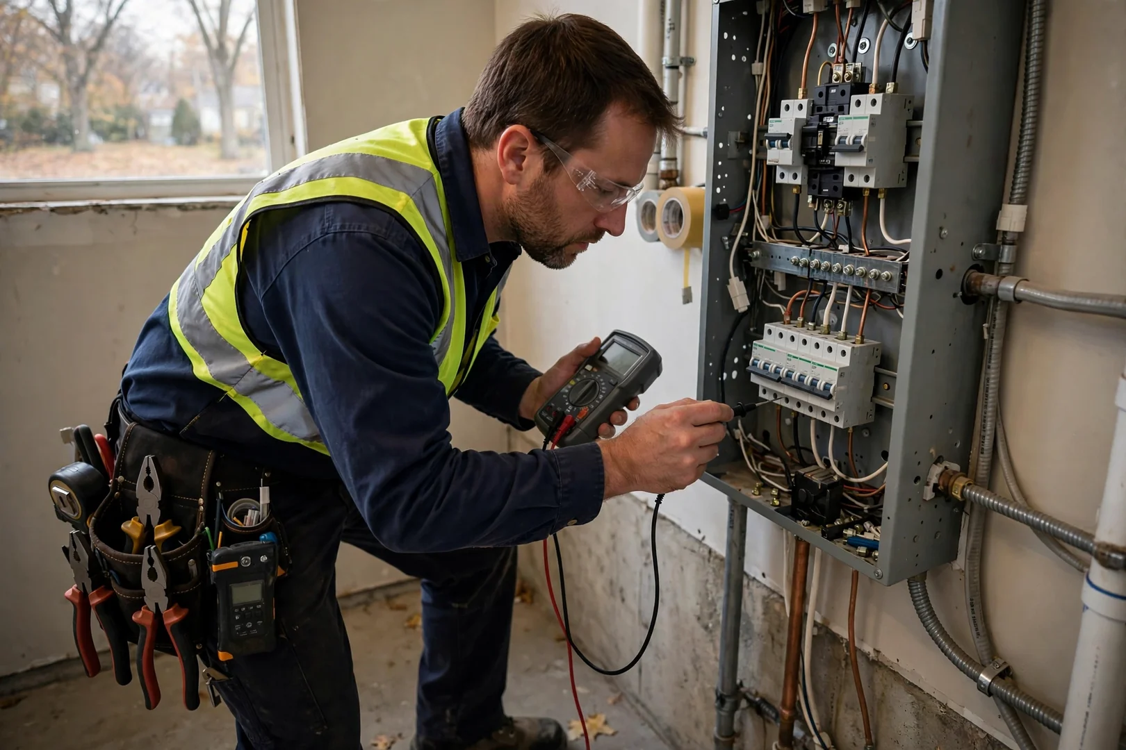 Technician testing branch circuits in a Centereach split-level basement panel