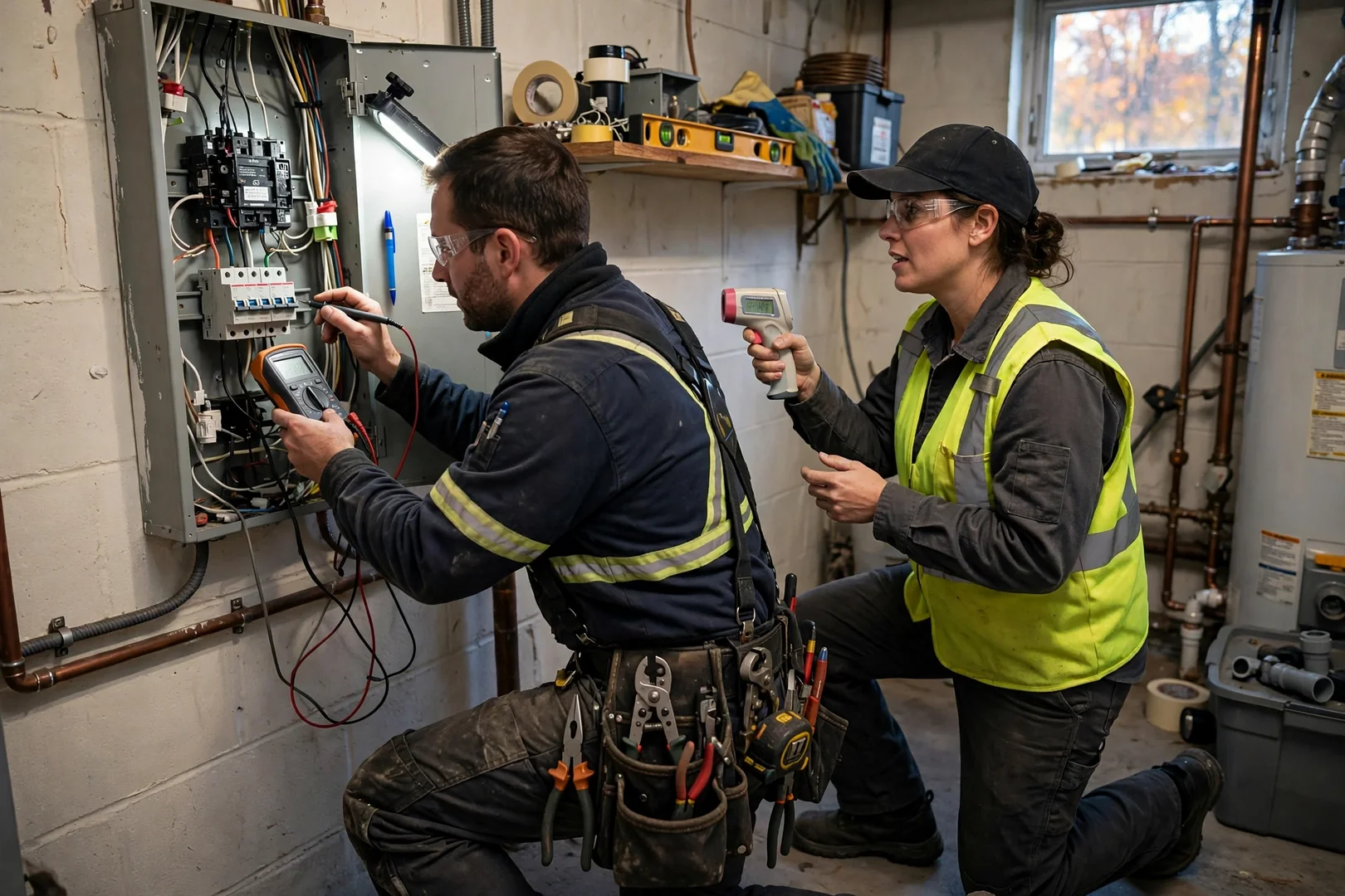 Licensed electrician testing a residential electrical panel with a multimeter in Centereach