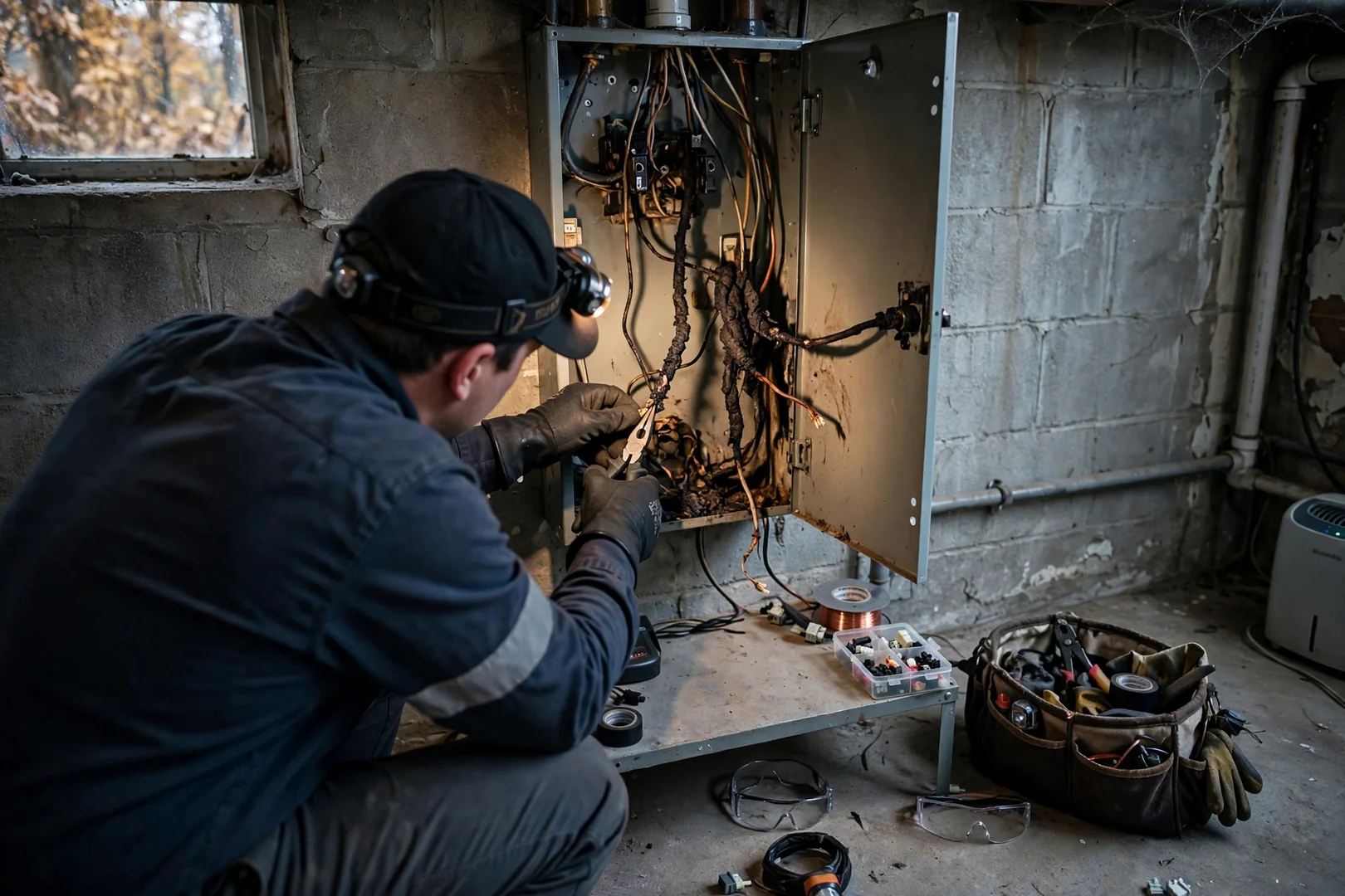 Electrician testing an aging residential breaker panel with a multimeter in a Centereach home