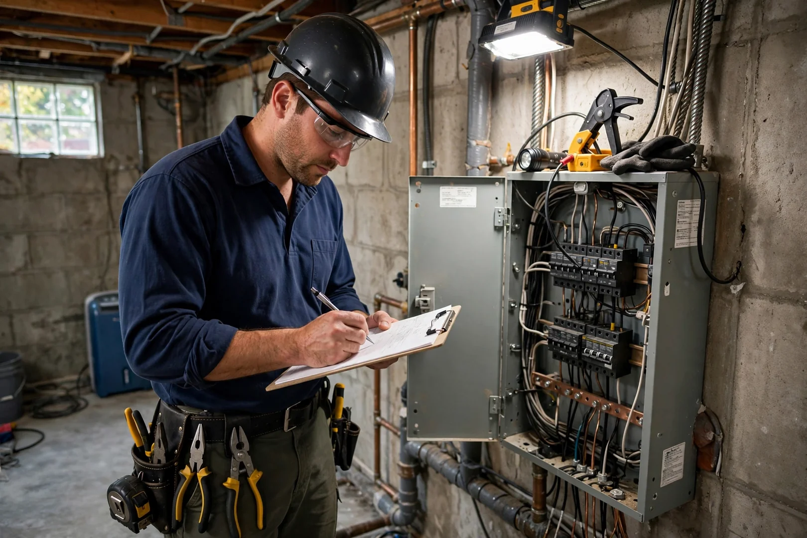 Technician recording panel readings on a clipboard during an electrical evaluation in a basement