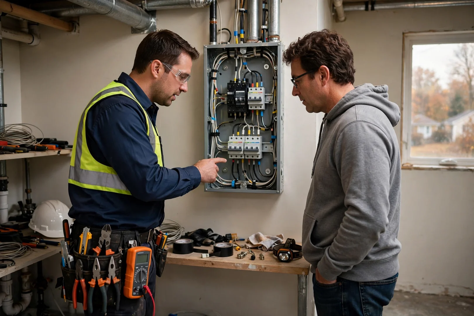 Homeowner and electrician reviewing finished panel labeling during a post-job walkthrough