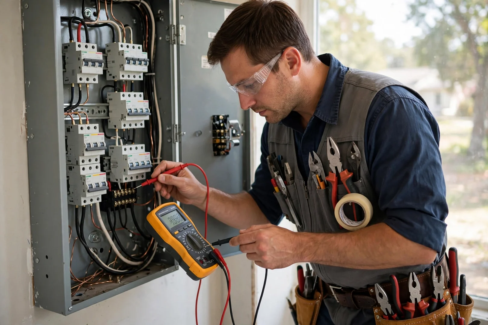 Electrician testing breaker terminals inside an open residential electrical panel with a multimeter