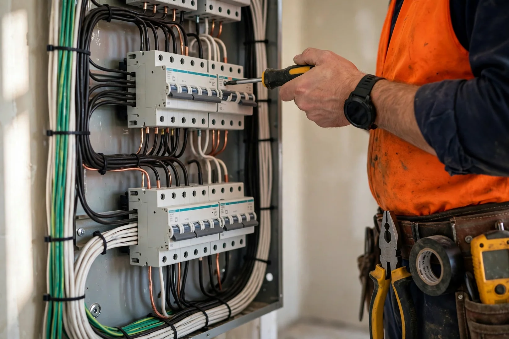 Close-up of newly labeled circuit breakers and neatly dressed conductors in an upgraded panel