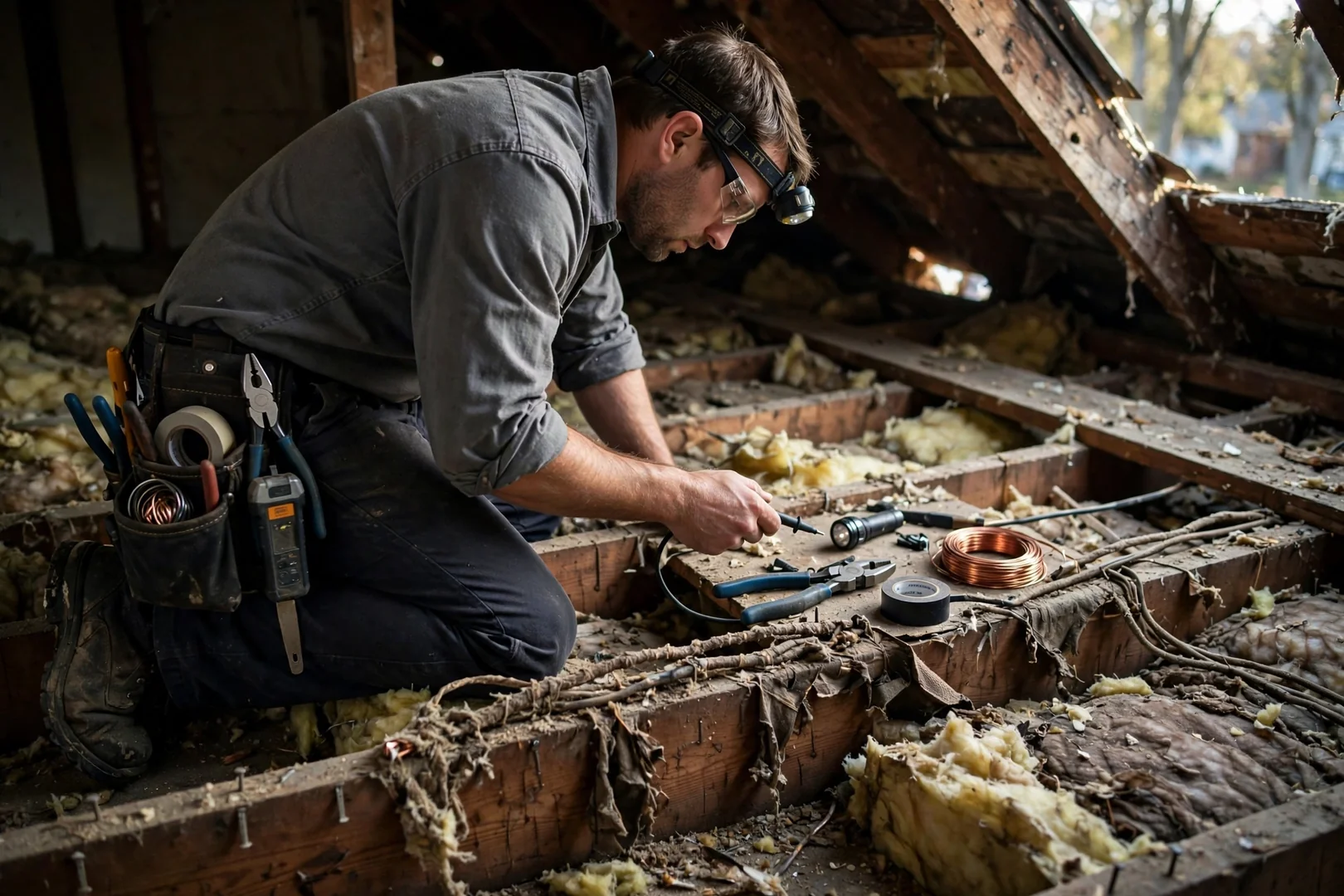 Old cloth-insulated wiring exposed in an attic before rewiring work begins on an older home