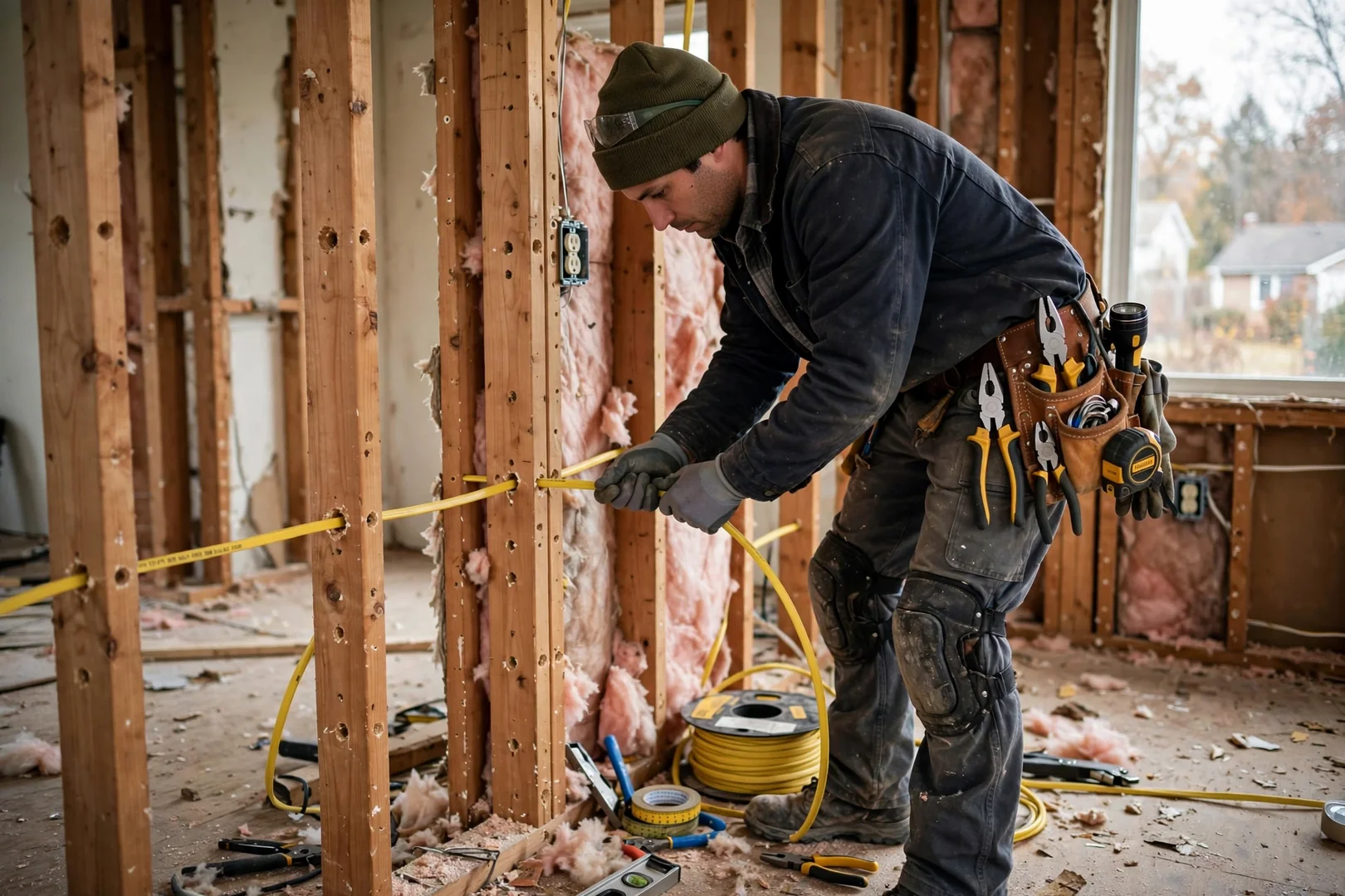 Technician pulling new NM cable through wall studs during a residential rewiring project