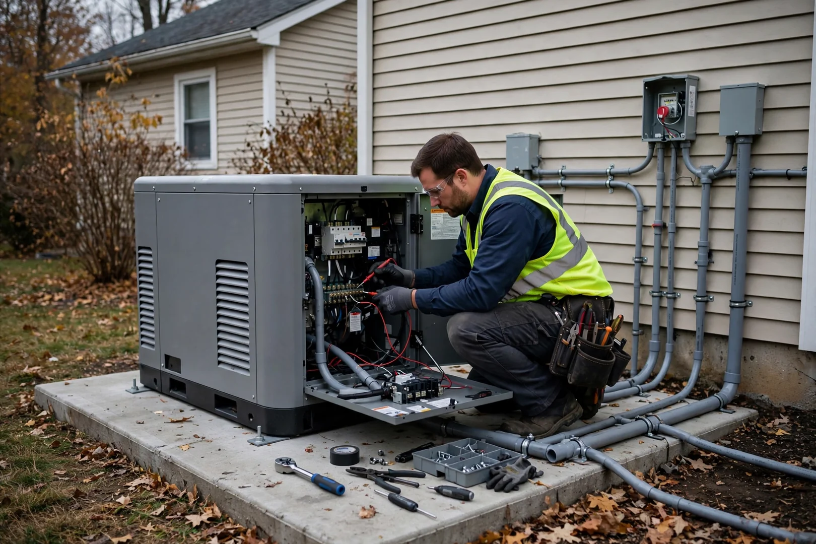 Standby generator set on a concrete pad outside a suburban house with conduit runs