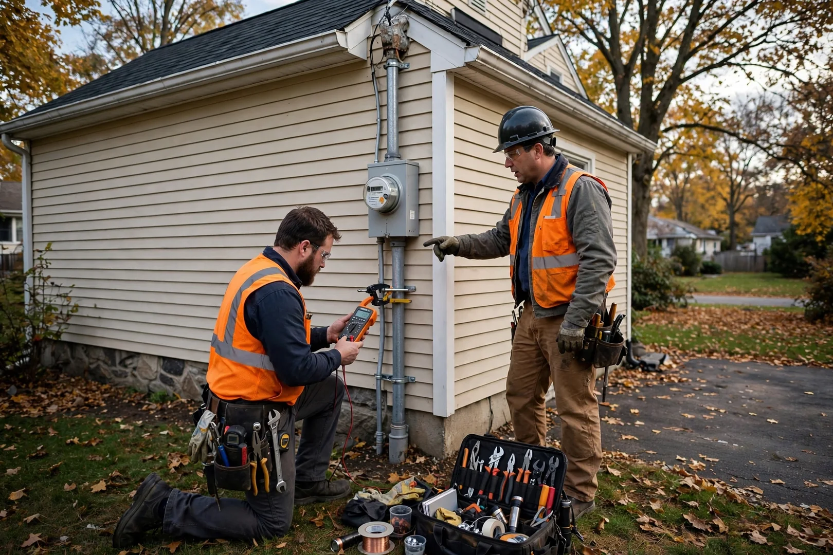 Wide view of exterior meter and service entrance conduit on a Long Island home