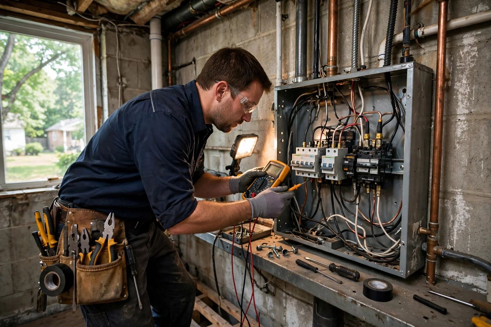 Electrician torquing breaker lugs inside an open load center