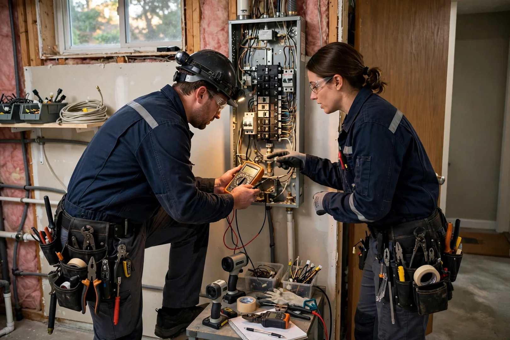 Electrician explaining completed panel work to a homeowner during a final walkthrough