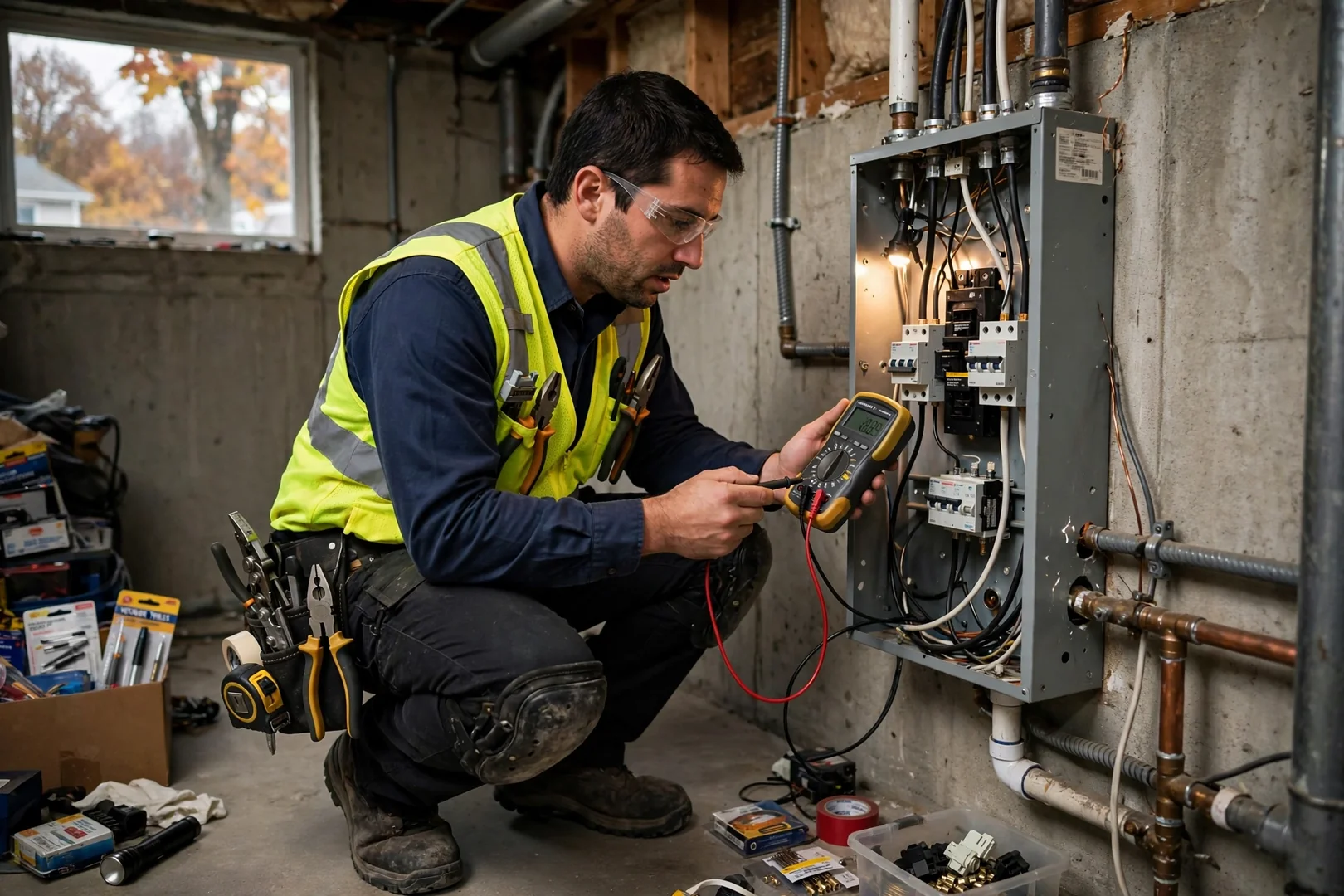 Technician using a thermal camera to check breaker temperatures in a residential electrical panel