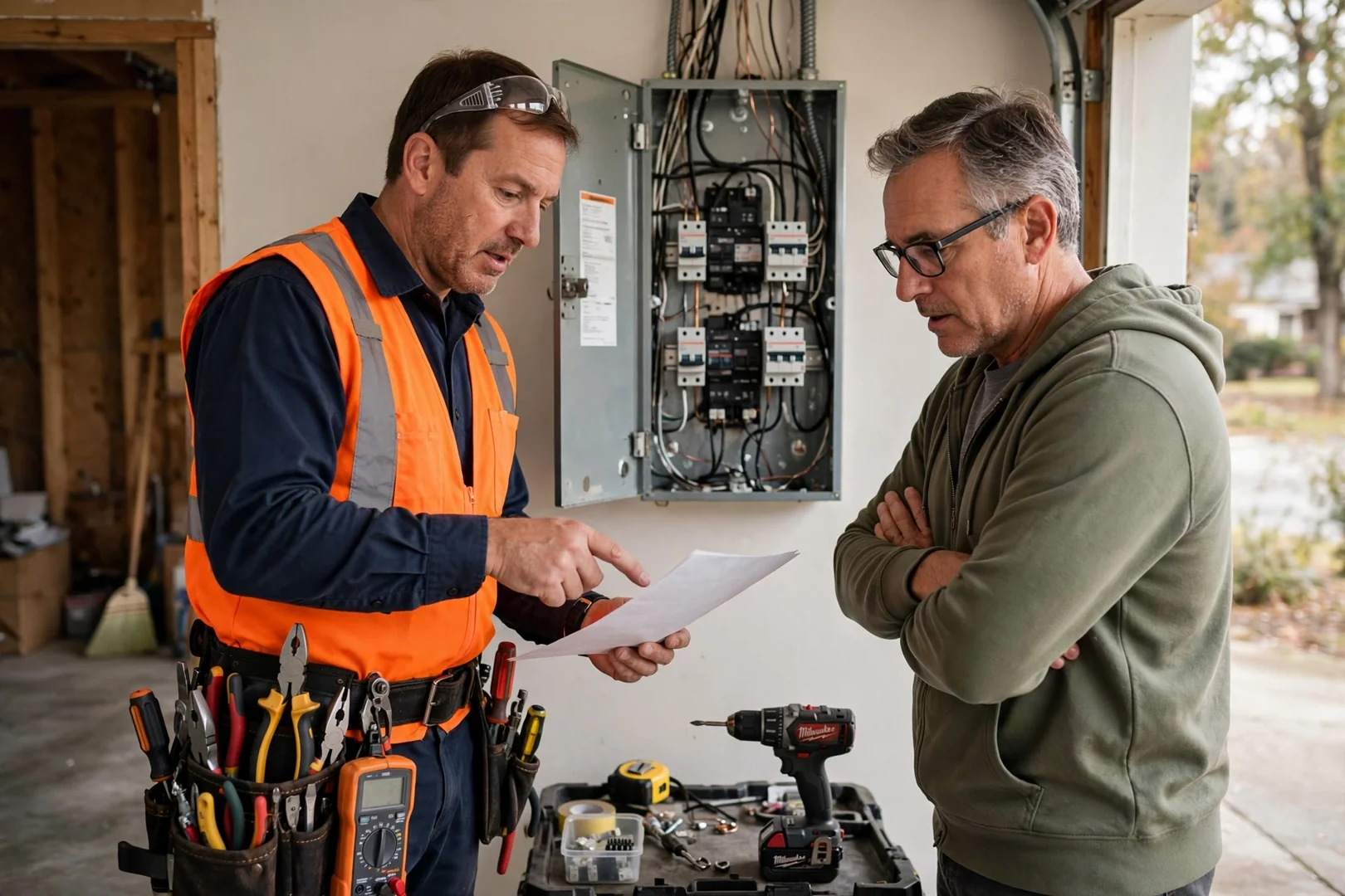 Technician reviewing a written repair estimate with a homeowner beside an open breaker panel